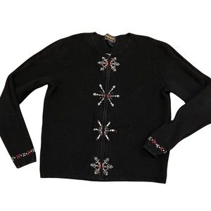 Woolrich Black Ribbed Star Snowflake Embroidered Zip Up Cardigan Sweater…